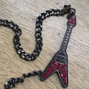 🟠Y2K Gunmetal Double Chain Red Pave Crystal Electric Guitar Pendant Necklace